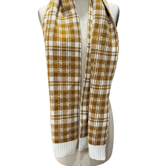 NWOT Timberland Tan & White Plaid Knit Scarf – Buffalo Check Logo Patch – Unisex - Picture 1 of 4